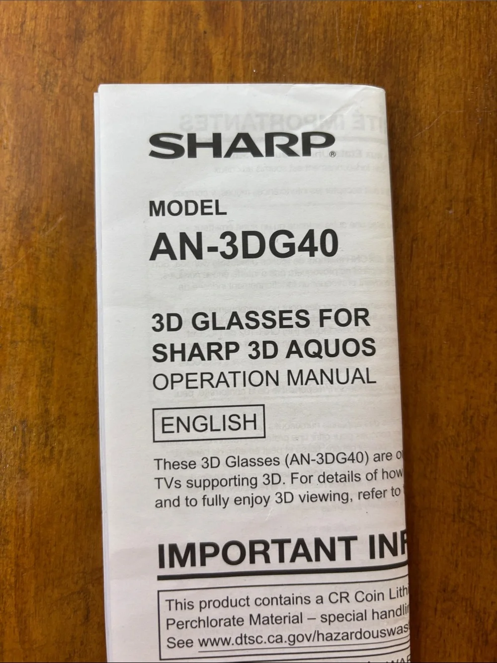 Sharp AN-3DG40 Black Active 3D Glasses - Rechargeable